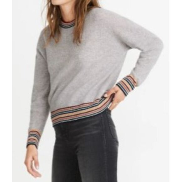 Madewell Sweaters - Madewell Rainbow Trim Gray Waffle Knit Cashmere Sweater Womens Med Retro Vibes